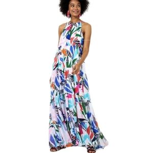 Oliphant Panama White Tiered Tassel Zebra Bird Tropical Print Maxi Dress
